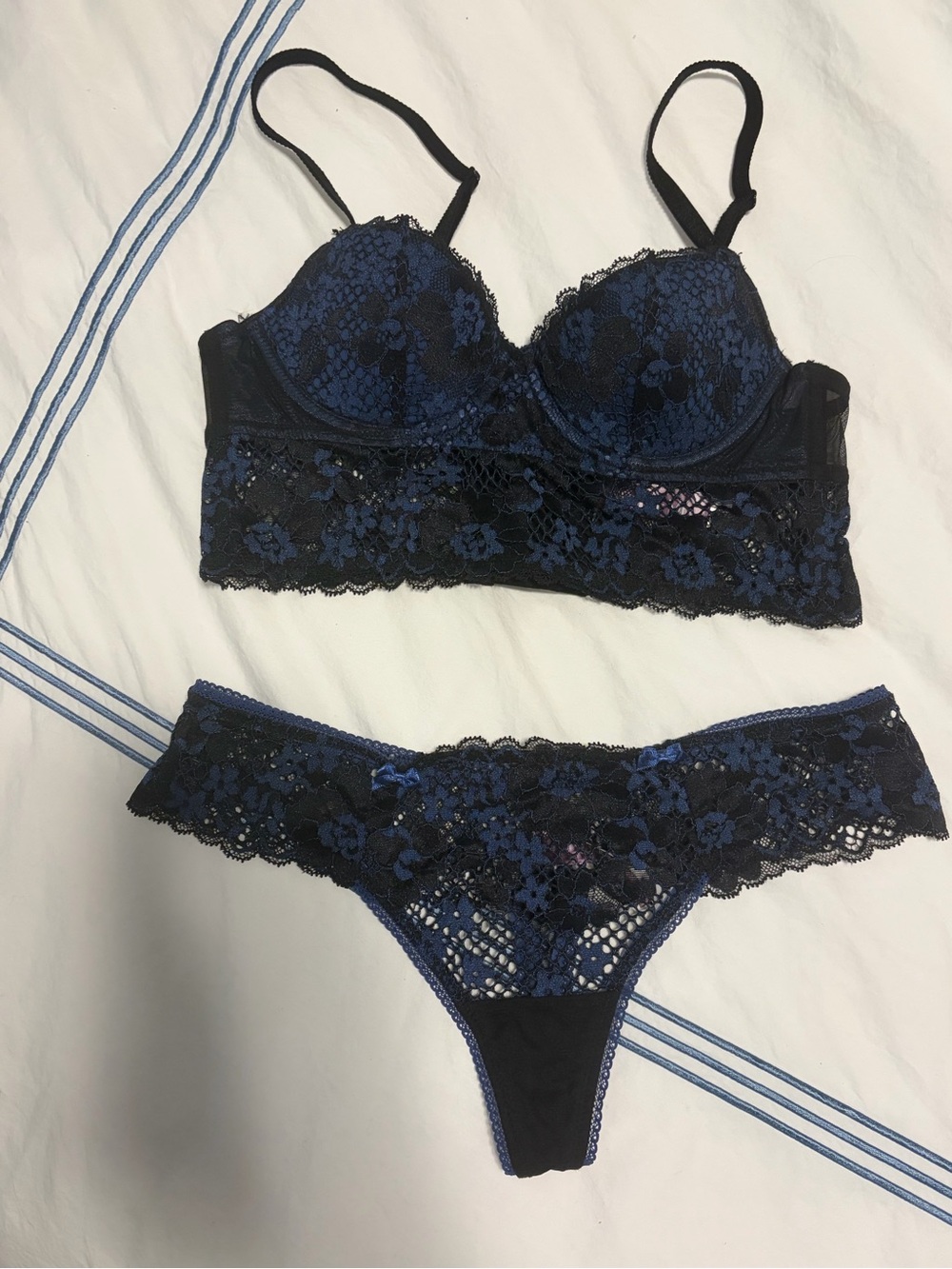 Adore Me Navy Blue Lace Longline Bralette & Lace Thong Set